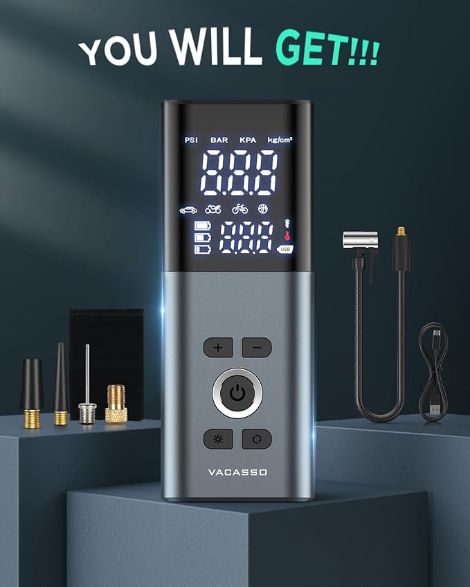 Tire Inflator Portable Air Compressor, 150PSI Air Pump For Car Tires with Accurate Tire Pressure Gauge, 20,000mAh Cordless Air Compressor for Car, Motorcycle, Bike, Balls and More, Smart Autostop