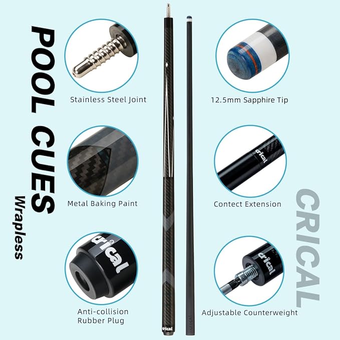 CRICAL Carbon Fiber Pool Cue Stick 58" Billiard Cue Sticks Professional Low Deflection Pool Sticks with 3/8 * 8 Pin Joint and 12.5mm Tip