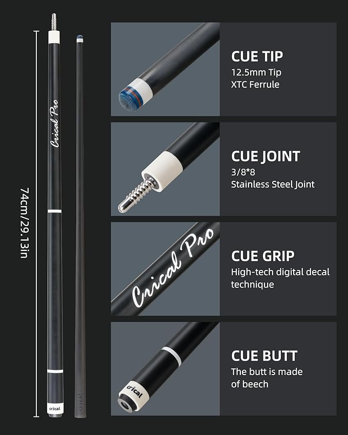 CRICAL Carbon Fiber Pool Cue Stick 58" Billiard Cue Sticks Professional Low Deflection Pool Sticks with 3/8 * 8 Pin Joint and 12.5mm Tip