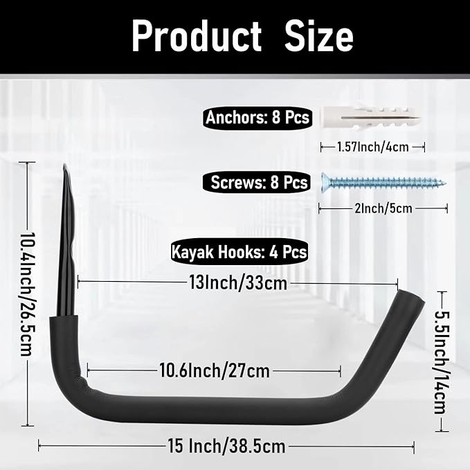 Kayak Storage Hook, Heavy Duty Steel Kayak Storage Rack, Wall Mount Garage Hanger for Ladder, Canoe, Surfboard, Paddle Board
