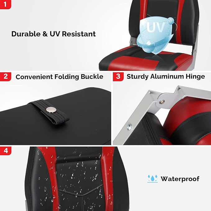 PEXMOR Boat Seats Low/High Back, Folding Boat Seat Included, Fold-Down Fishing Boat Seats Waterproof Captain Boat Seat w/Aluminum Hinges & Thick Soft Cushion, 2 Packs (High Back-Red & Black)