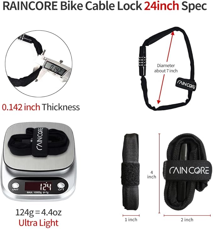 RAINCORE Light Weight Bike Cable Lock for Heavy Duti Anti Theft - 24inch (60cm) - 0.27lb (124g) - Bike Chain Lock with Chain Cutter Proof Fiber - Patented Korea - Security Cable (24 inches)