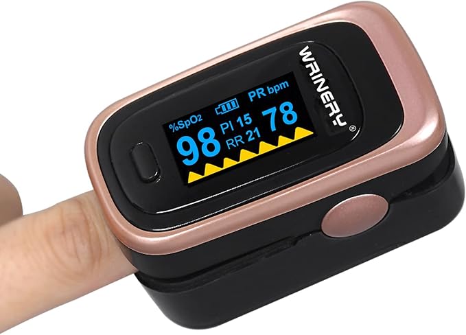 Oxygen Saturation Monitor, Wrinery Premium Pulse Oximeter Fingertip, Oxygen Monitor, O2 Saturation Monitor, OLED Portable Oximetry with Batteries, Lanyard (Rose gold-Royal black)