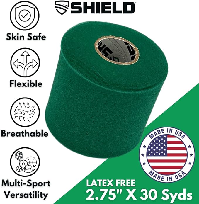 Shield Athletic Underwrap | Bulk Case of 48 Rolls of PreWrap, Hair Tie, Headband, USA Made, Pre-Wrap Athletic Tape, 2.75" X 30 SYards, Foam Barrier, Flexible, Breathable (Green)