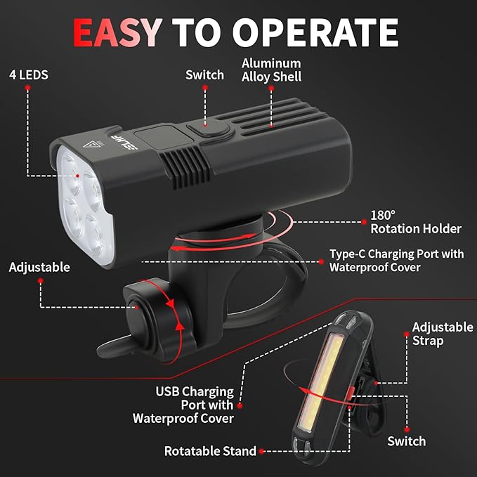 Bike Light for Night Riding, 2000LM/1000LM Bicycle Headlight & Taillight, Multiple Modes,3000mAh/2000mAh USB C Rechargeable Waterproof LED Bright Bike Headlights for Cyclists and Commuters