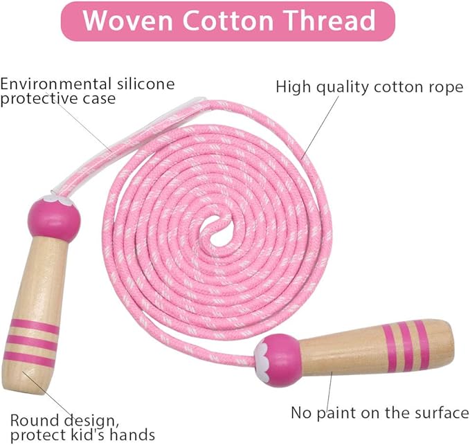 Jump Rope Kids, 7ft Adjustable Cotton Skipping Rope with Wooden Handle for Boys and Girls Fitness Outdoor Exercise