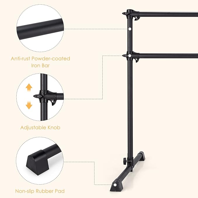 GOFLAME 4FT Ballet Barre Portable, Freestanding Double Ballet Barre Height Adjustable with Anti Slip Base, Heavy Duty Stretch Dance Bar for Home Workout