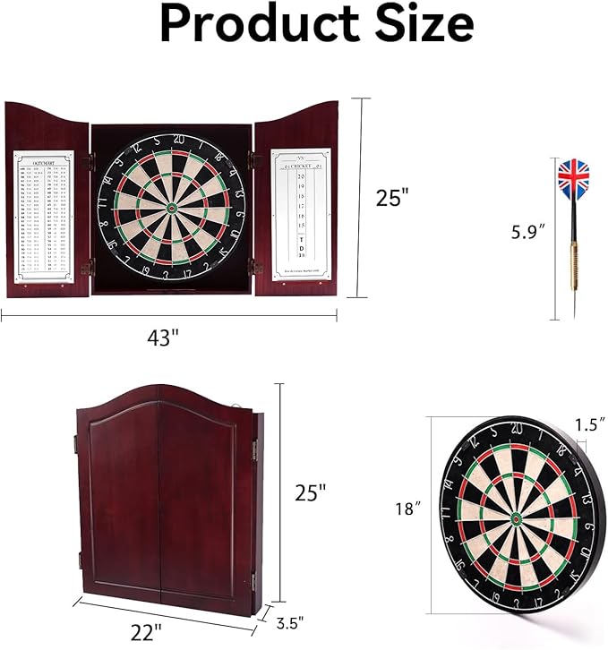 GSE Games & Sports Expert Professional Solid Wood Classic Dartboard Cabinet with Sisal/Bristle Dartboard, Scoreboard, and 6 Steel Tip Darts, Easy Assembly Complete with All Accessories (Deluxe Cherry)