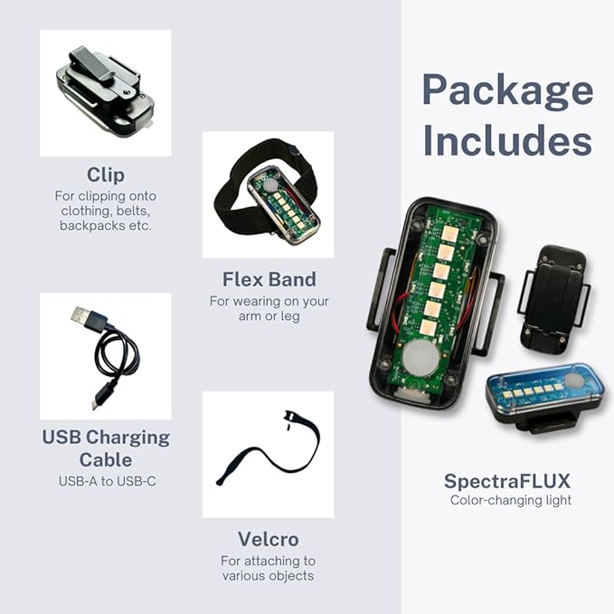 SpectraFLUX™ Ultra Bright Multicolor Wearable Safety Light for Bike, Running, Walking and More, USB Rechargeable, 12 Colors, 8 Modes including Taillight & Headlight, Clip-on and other Mounting Options