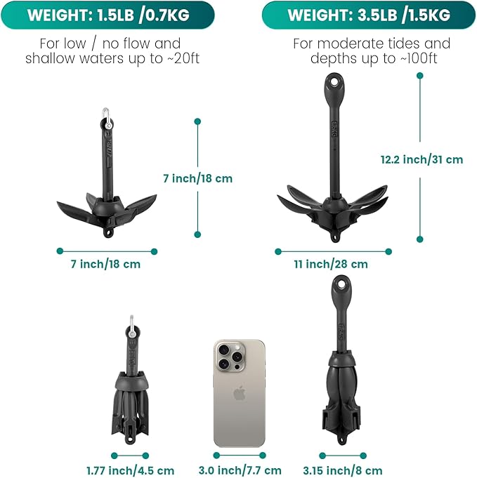 Kayak Anchor Kit, 1.5/3.5 lb Compact Folding Grapnel Anchor for Kayaks, Canoes, SUPs, Jet Skis, Small Boats - Lightweight Portable Marine Boat Anchor with Rust-Resistant Design