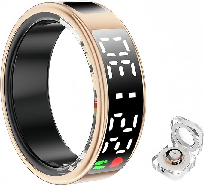 Smart Ring Health Fitness Tracker, Touch Screen Smart Ring for Men and Women, Sleeping Steps Heart Rate Blood Oxygen Monitor, Remote Photography LED Display Ring Waterproof Fitness Ring (Gold, 10)
