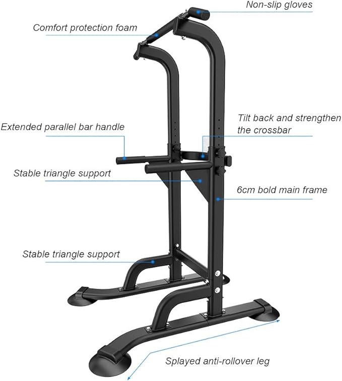 Dland Power Tower Pull Up Bar Dip Station and Height Adjustable Dip Bar Stand, Multi-Function Home Gym Exercise Equipment Strength Training Fitness Workout Station