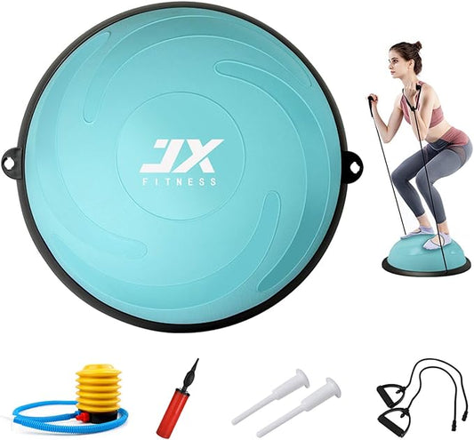 JX FITNESS 58cm Balance Half Ball Trainer, Stability Exercise Yoga Half Ball with Resistance Bands & Pump - Improve Core and Ab Strength with Full Body Home Gym Workouts Or Fitness Training