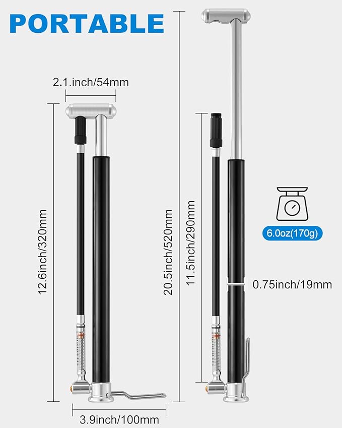 JULAI Mini Bike Floor Pump with Gauge, Portable Hand Pump - Bicycle Frame Inflator with Ball Needle - Fits Presta & Schrader Valves - Lightweight for Road Mountain & BMX Bikes - High Pressure 160 PSI