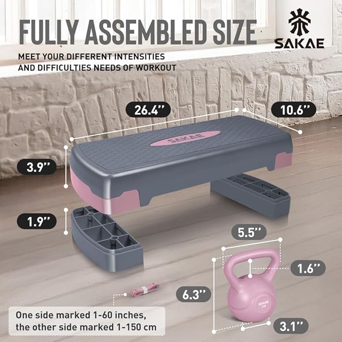 Adjustable Height Aerobic Stepper Set, Multiple Bundle Options with Dumbbells, Kettlebell, Waist Trimmer, Ankle Weights or Weighted Vest, Workout Exercise Step Platform w/Level Risers, 4 Colors