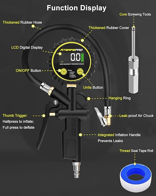 Digital Tire Pressure Gauge with Inflator, 0-200 PSI, 2.5" Color Screen, ±1% High Accuracy, Auto Shut-Off, Rubber Hose & 1/4" NPT Quick Connect Plug & Locking Air Chuck for Cars, SUVs, Motors, Bikes