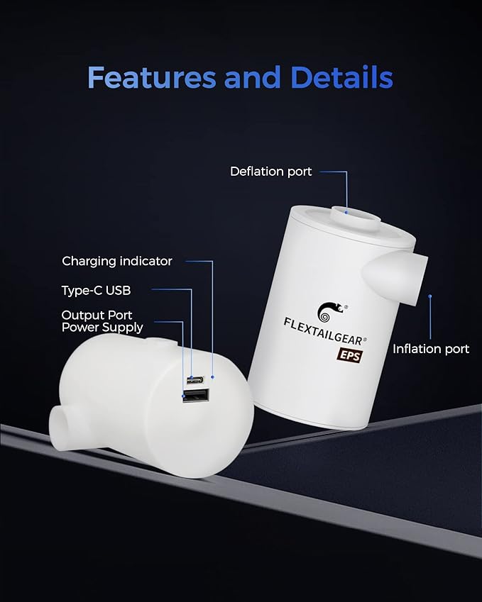 FLEXTAILGEAR Portable Camping Air Pump,Electric Air Mattresses Pump with 3600mAh Emergency Power Supply,300 L/min Airflow for Rapid In/Deflation for Air Bed,Pool Float,Inflatables,Sleeping Pad (White)