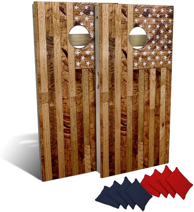 Slick Woody's Professional-Grade Cornhole Boards - 4'x2' Solid Wood Regulation Woodgrain Flag Bean Bag Toss Game with 8 Resin Filled Bags