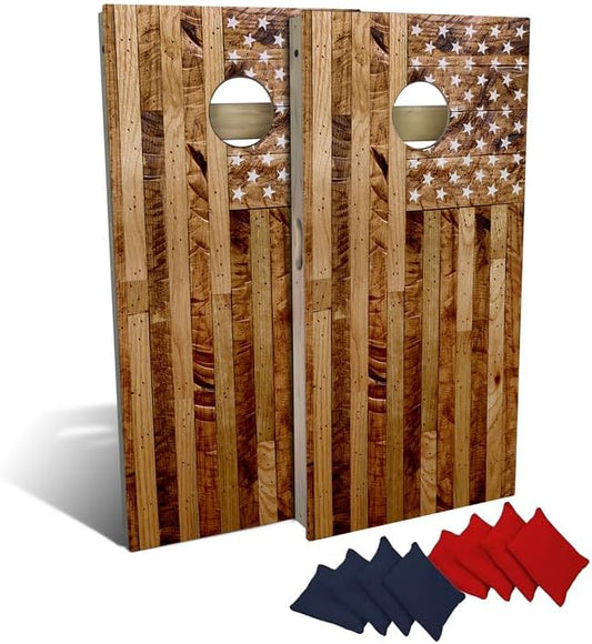 Slick Woody's Professional-Grade Cornhole Boards - 4'x2' Solid Wood Regulation Woodgrain Flag Bean Bag Toss Game with 8 Resin Filled Bags