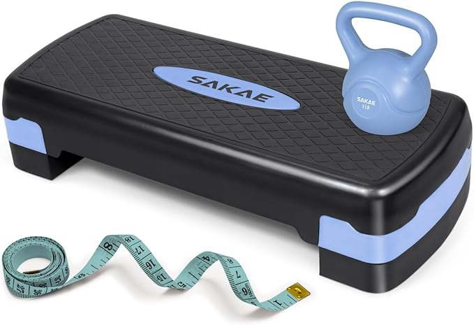 Adjustable Height Aerobic Stepper Set, Multiple Bundle Options with Dumbbells, Kettlebell, Waist Trimmer, Ankle Weights or Weighted Vest, Workout Exercise Step Platform w/Level Risers, 4 Colors