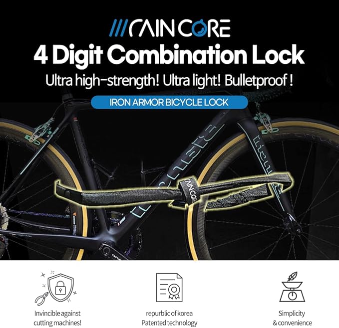 RAINCORE Light Weight Bike Cable Lock for Heavy Duti Anti Theft - 79 inch (200cm) - 0.47lb (216g) - Bike Chain Lock with Chain Cutter Proof Fiber - Patented Korea - Security Cable (79 inches)