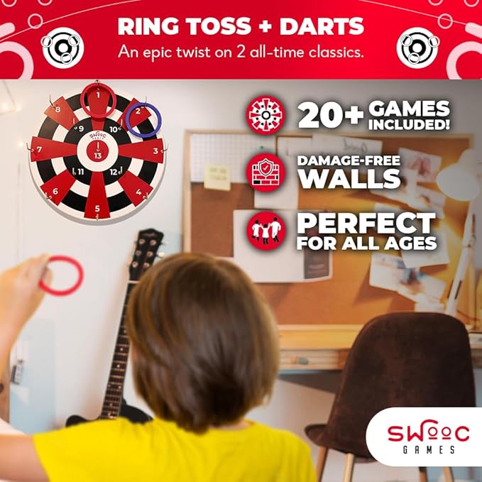 Swooc Games® ‒ Hook Darts Ring Toss Game ‒ Wood Board & Soft Rings ‒ 20+ Games Included for Kids & Adults ‒ Wall Mounted Ring and Hook ‒ Indoor & Outdoor Wall Decor for Game Room, Patio, Garage, Yard