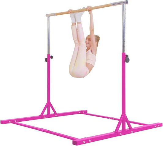 Kangaroo Hoppers Gymnastics Bar with Mat for Kids 3-15, Adjustable 35.4"-57.1" Gymnastics Horizontal Bars with Steel Frame at Home/Indoor Training, 260LBS (Pink)