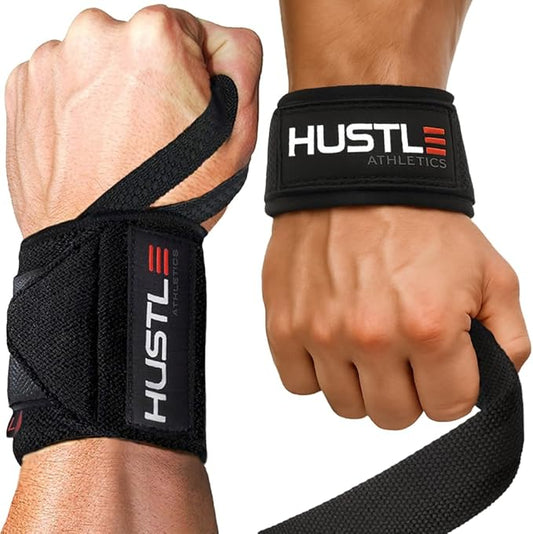 Hustle Athletics Wrist Wraps for Weightlifting, USPA-Approved Wrist Support Weight Lifting Wraps, Premium Hook-and-Loop, 12 in or 18 in Heavy-Duty Cotton-Elastic Support for Powerlifting & Bench Press