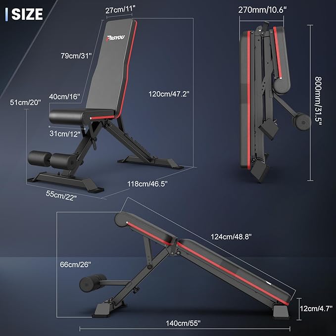 PASYOU Adjustable Weight Bench Full Body Workout Multi-Purpose Foldable Incline Decline Exercise Workout Bench for Home Gym