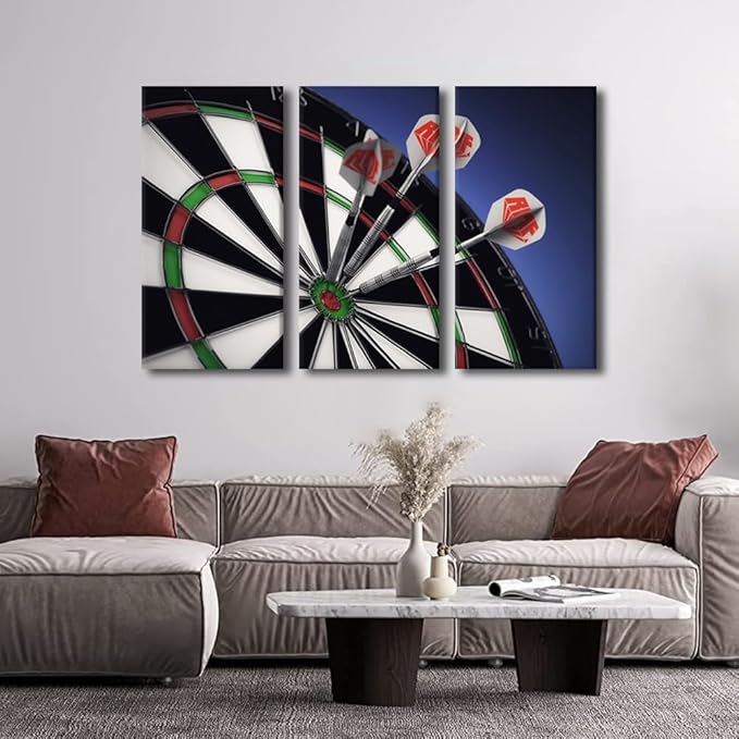 3 Panels Sports Theme Wall Art Dart Hits the Bullseye Wall Art Inspirational Wall Art Modern Artwork Dart Plate Canvas Prints Pictures on Canvas Wall Art for Home Decor Ready to Hang(24"Wx36"H)