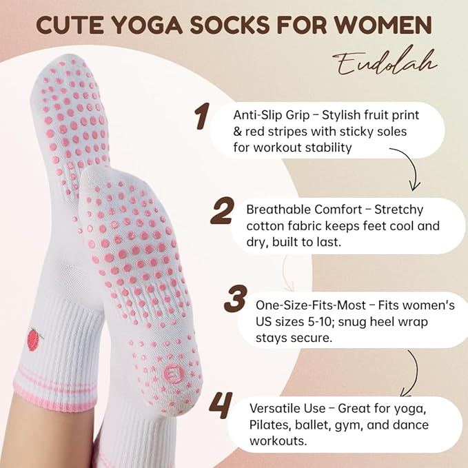 EUDOLAH Cute Yoga Socks for Women Pilates Barre Breathable Non-Slip Crew Grip Sock With Stripes Anti-friction Athletic Socks