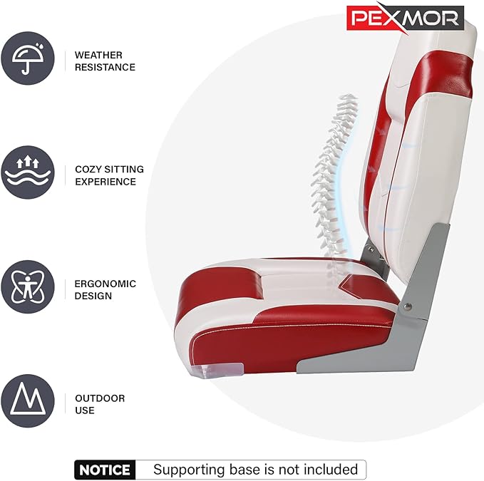 PEXMOR Boat Seats Low/High Back, Folding Boat Seat Included, Fold-Down Fishing Boat Seats Waterproof Captain Boat Seat w/Aluminum Hinges & Thick Soft Cushion, 2 Packs (High Back-Red & White)
