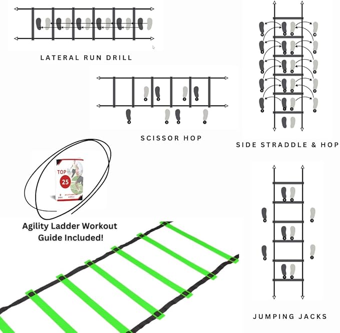 DELUXE EDITION Agility Ladder Training Set - 13 Rung 21ft Agility Ladder w/13 Disc Cones, Carry Bag - Improve Speed & Strength Soccer, Football, Basketball w/4 Steel Pegs for Outdoor Workout Charts