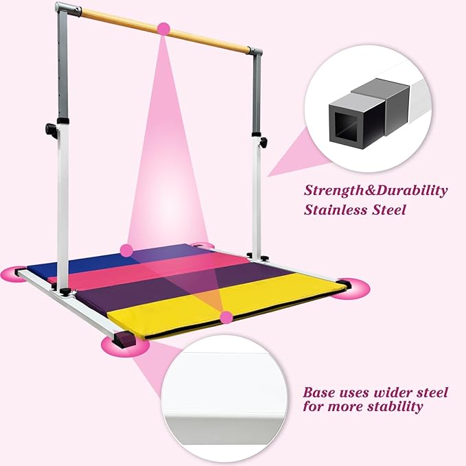 XDEMODA The Latest Model Gymnastics Bar for Kids Ages 3-15 for Home, Anti-Slip, Easy to Assemble, 35” to 55” Adjustable Height Gymnastic Horizontal Bars Equipment