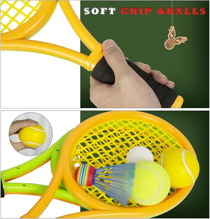 Kids Tennis Rackets with Carrying Bag,Soft Training Balls and Badminton Birdies,12 in 1 Tennis Racquets Gift Set for Children Outdoor Indoor Sports