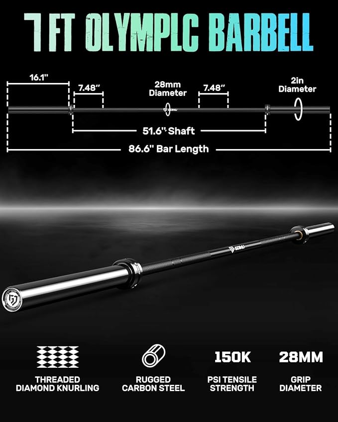 PB01 7FT Olympic Barbell, Weight Bar with Knurled Grip, 1000lb Capacity Strength Training Deadlift Bar for Squat, Weightlifting, Bench Press, Fits 2-inch Standard Weight Plates
