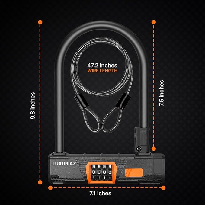Heavy Duty Bike Lock with 5ft Steel Cable, 4-Digit Resettable Combination U-Lock, Durable Cable Lock for Secure U Lock Bike Protection