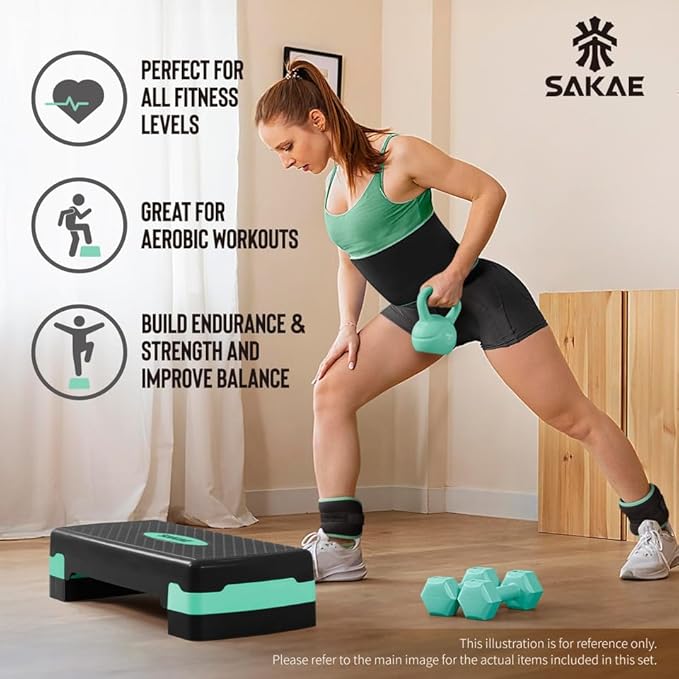 Adjustable Height Aerobic Stepper Set, Multiple Bundle Options with Dumbbells, Kettlebell, Waist Trimmer, Ankle Weights or Weighted Vest, Workout Exercise Step Platform w/Level Risers, 4 Colors