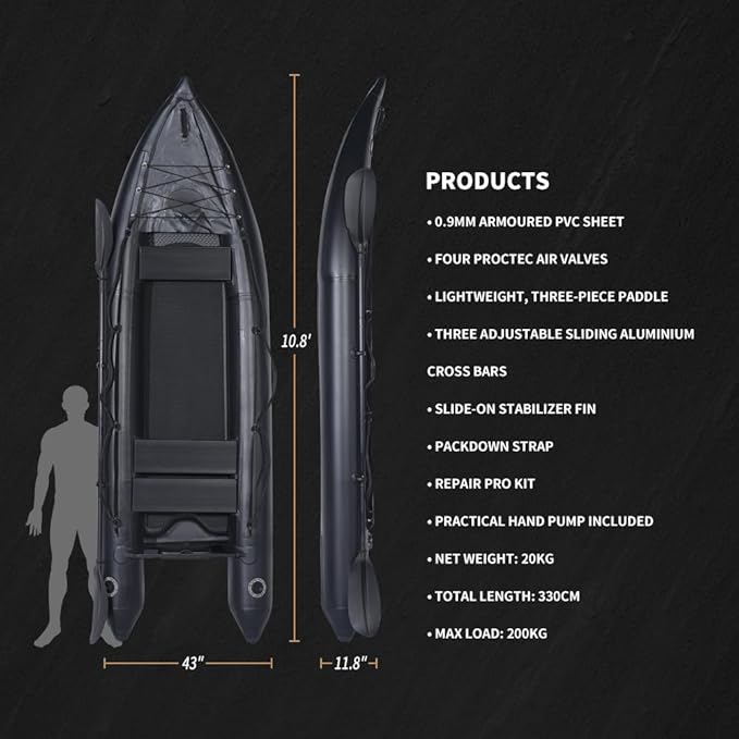 2 Person Inflatable Kayak Fishing PVC Kayak The Dimension 130'' *43'*11.8'' Inflatable Kayak Rescue Rubber Rowing Kayak with Pump Aluminum Alloy Seat Paddle Inflatable Mat, Repair Kit, Fin