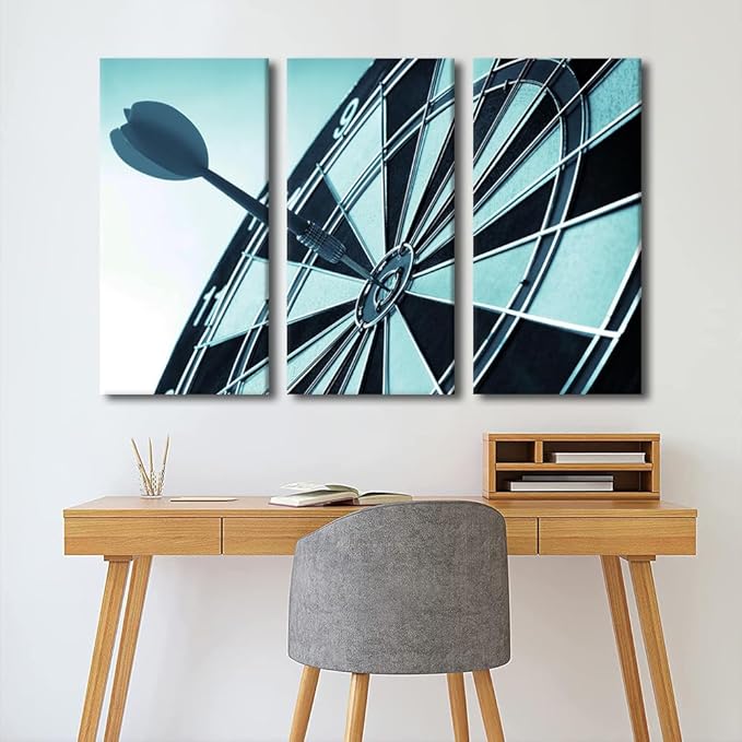 3 Panels Wall Art Dart Board Paintings Dart Hits the Bullseye Bar Decor Hit the Target Pictures Wall Decor Living Room Club Artwork Contemporary House Decorations Framed Ready to Hang(40"Wx60"H)
