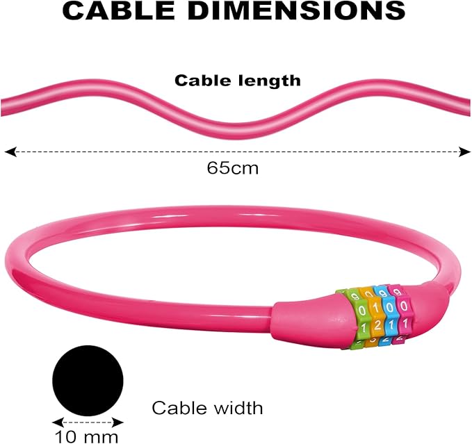 25 Inch Bike Lock Cable, Portable Anti Theft 4 Digits Codes Cable Locks, Resettable Combinations Coiling Bicycle Lock for Bike, Motorbike, Scooter, Skateboard, Gate, Fence (Pink)