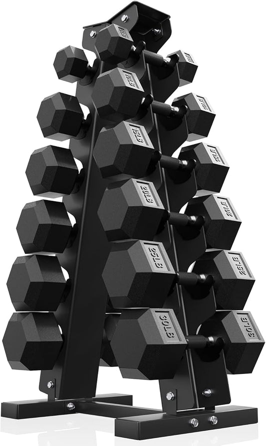 PAPABABE Dumbbell Set with Rack, Rubber Encased Hex Dumbbell Free Weights Dumbbells Set with Storage Rack, Home Weight Set