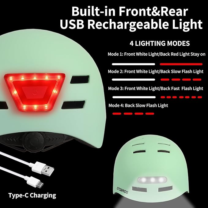 Bike Helmets for Adults - Front and Rear LED Lights Adjustable Bicycle Helmet for Adults Men Women Scooter Helmet for Commuting, Road Biking, Skating, Scooter