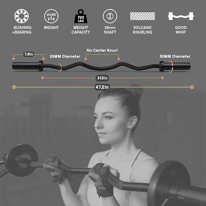 RitFit 2 Inch EZ Curl Bar with Weights, 700LBS Weight Capacity Olympic Curl Barbell for Bicep, Tricep and Weight Lifting Exercises