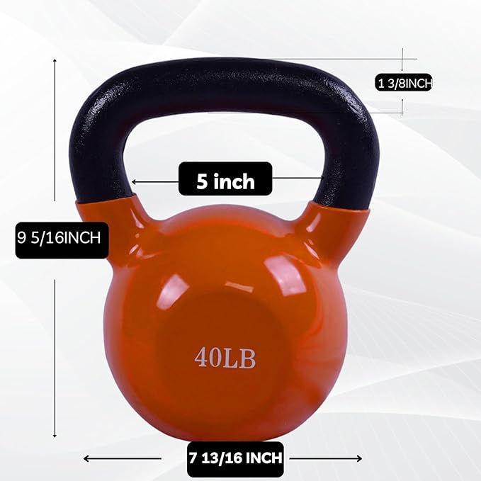 BESEA Orange Vinyl Coated Kettlebell 20~45LBS, Wide Grip Handle, Stable Flat Base, Strength Training, Durable kettle bells