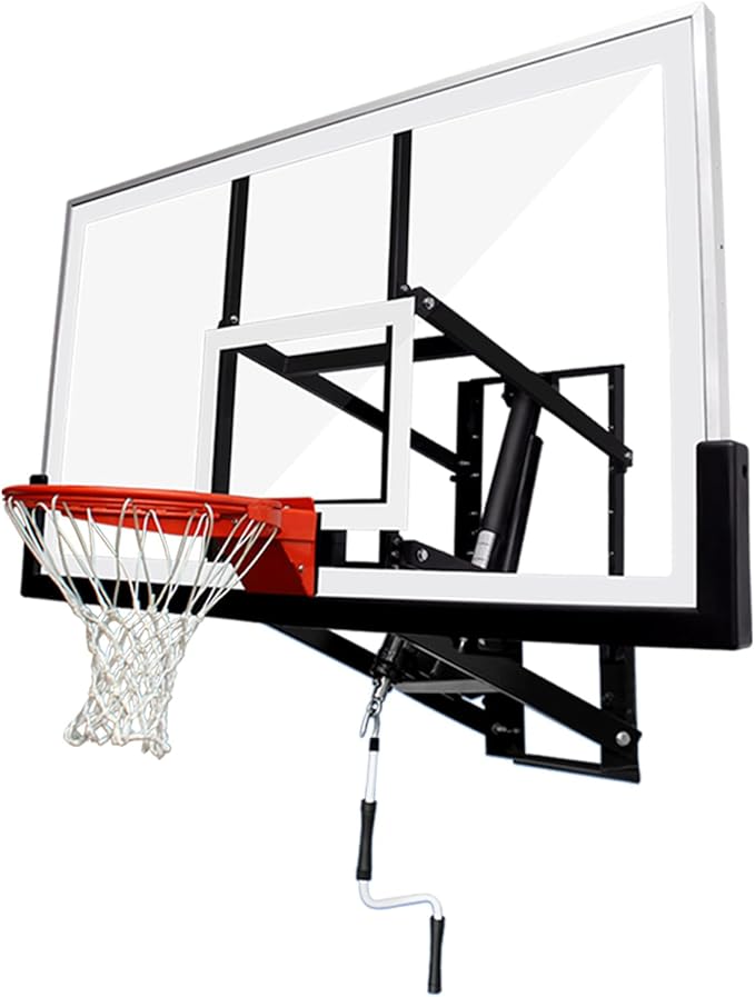 Katop Wall Mount Basketball Hoop with 60"x36", 72"x42" Tempered Glass Backboard, Effortlessly Height Adjustable from 7.5' to 10', Pre Installed Pads and Heavy Duty Basketball Rim and Net