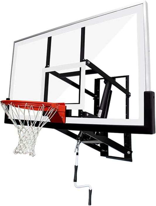 Katop Wall Mount Basketball Hoop with 60"x36", 72"x42" Tempered Glass Backboard, Effortlessly Height Adjustable from 7.5' to 10', Pre Installed Pads and Heavy Duty Basketball Rim and Net