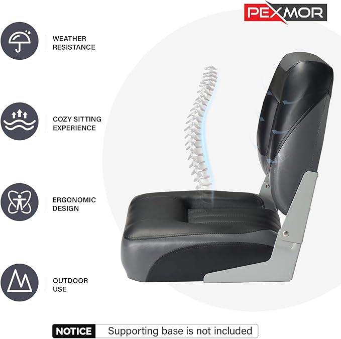 PEXMOR Boat Seats Low/High Back, Folding Boat Seat Included, Fold-Down Fishing Boat Seats Waterproof Captain Boat Seat w/Aluminum Hinges & Thick Soft Cushion, 2 Packs (Low Back-Grey & Black)