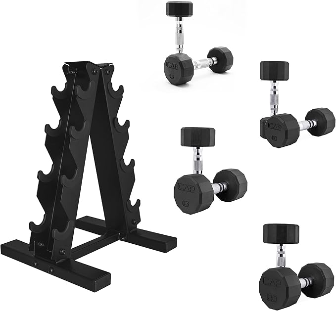 CAP Barbell Rubber Coated Dumbbell Weight Set with Vertical Rack | 100 lb, 150 lb, and 210 lb Options