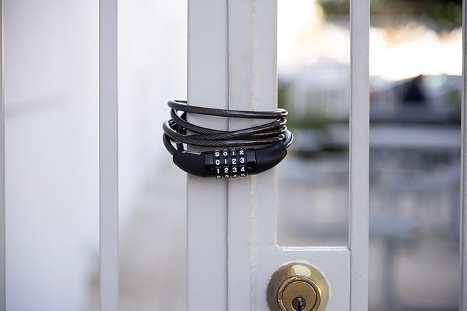 BRINKS 6 ft Outdoor Bike Lock Cable, Anti Theft Self-Coiling Design, Resettable 4-Dial Combination, 5/16" Weather-Resistant Vinyl Coating for Bikes